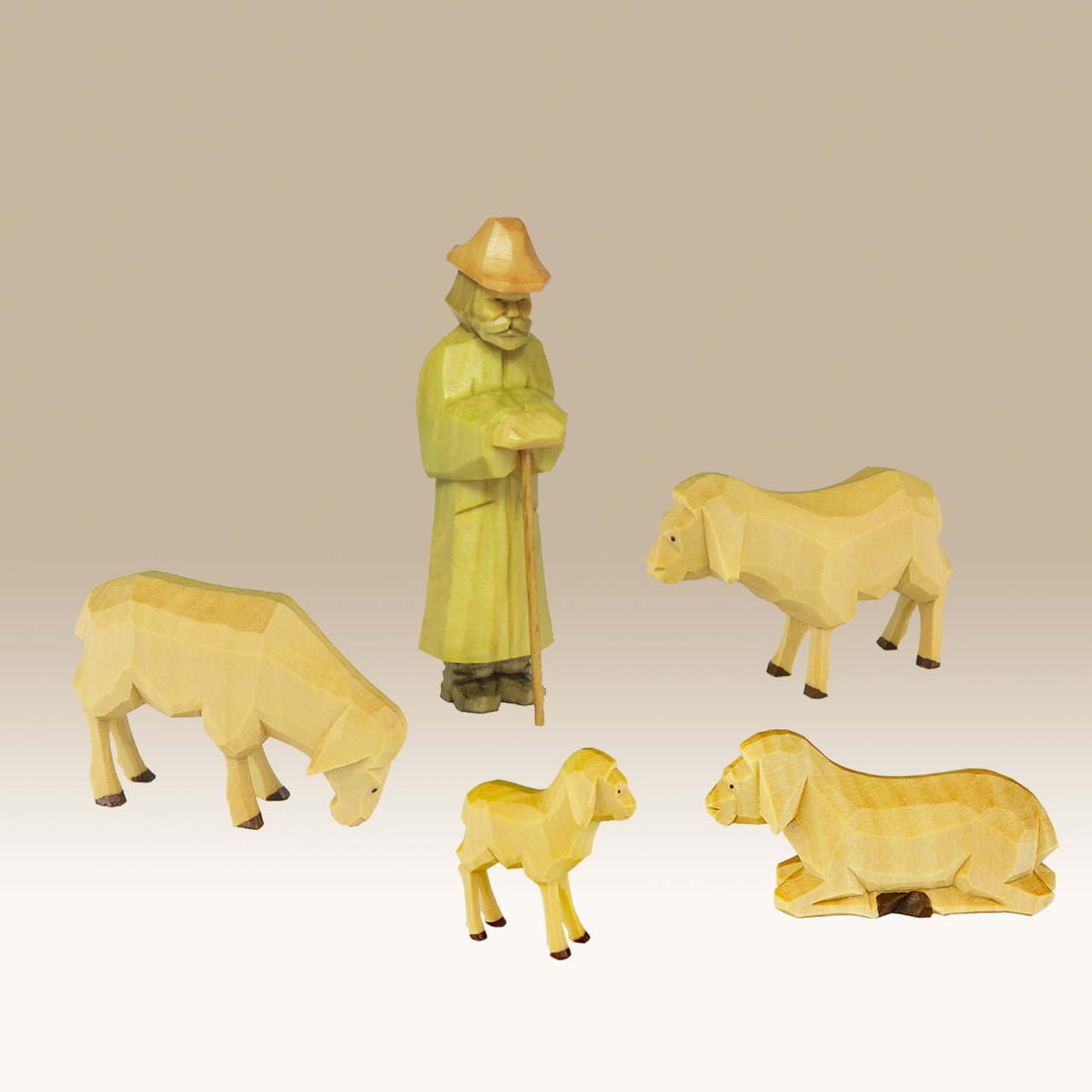 Geschnitzter Schäfer mit Schafen