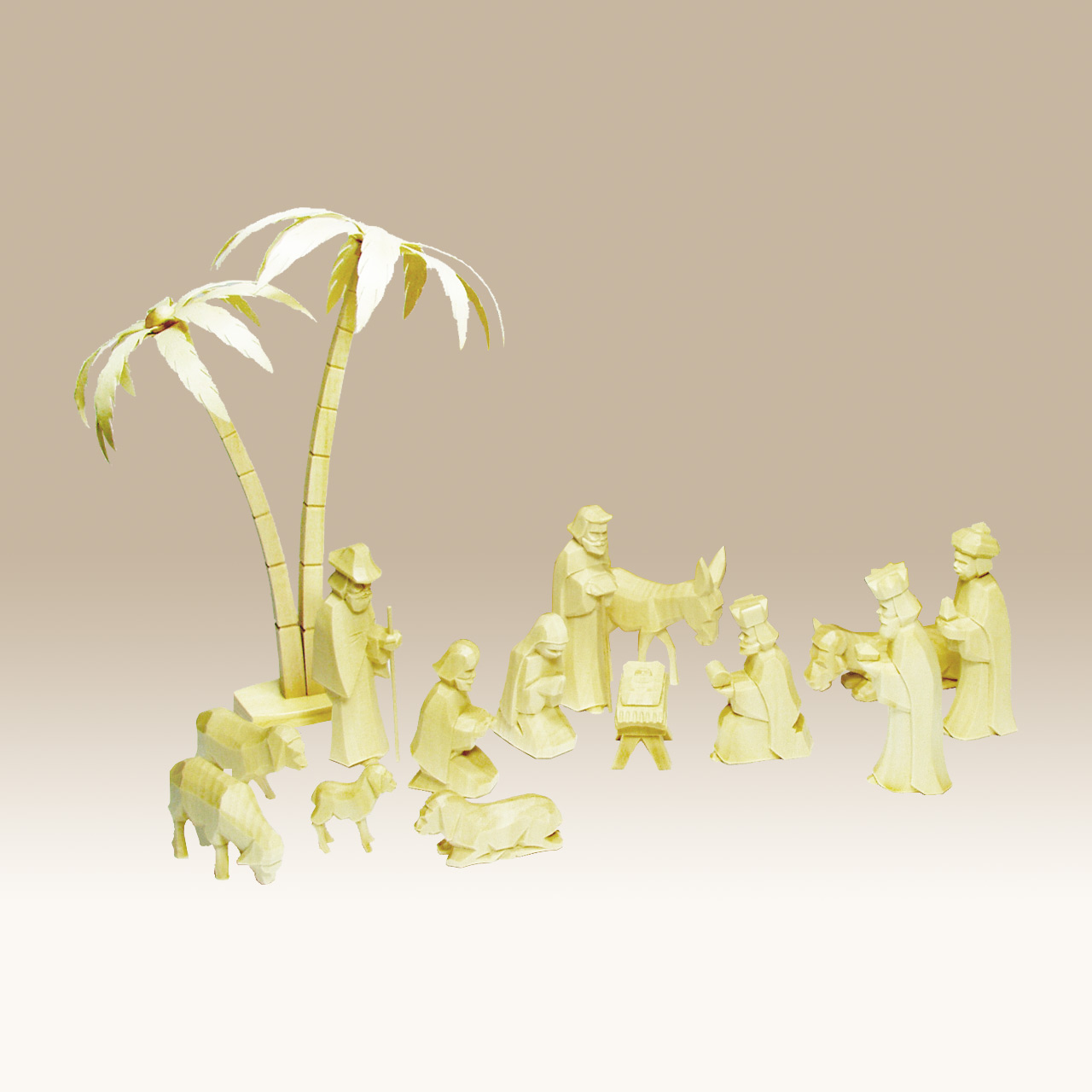 Geschnitzte Krippenfiguren, Set 14 Teile, mit Palme