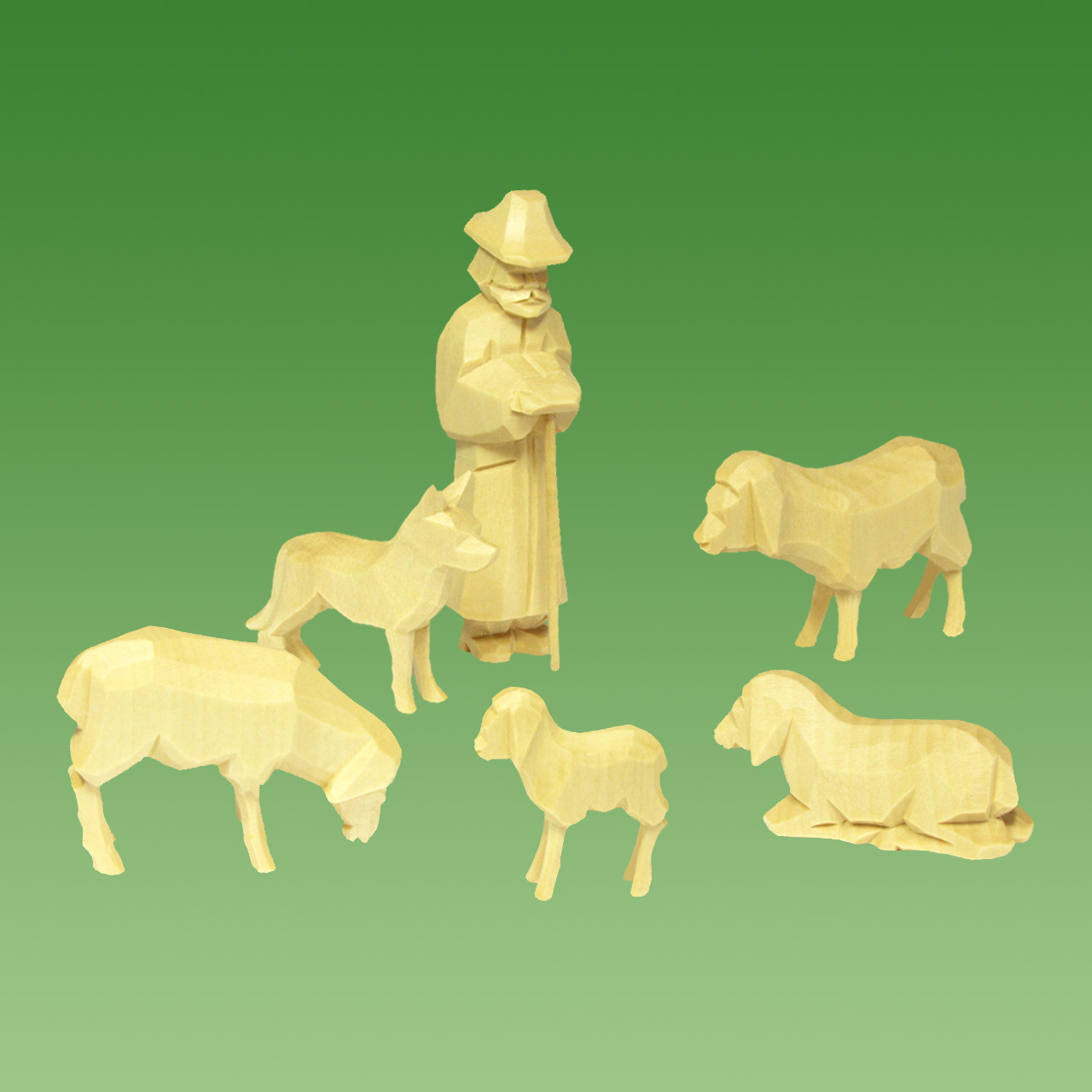 Geschnitzter Schäfer mit Schafen und Hund