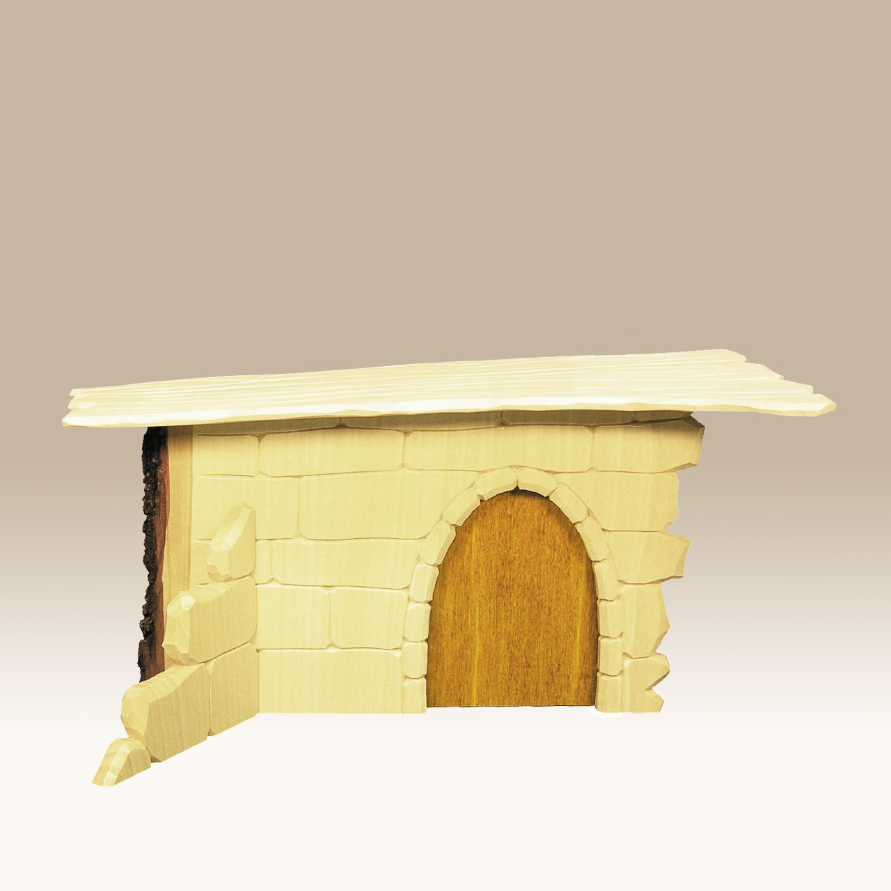 Geschnitzter Krippenstall, Mauerwerk, mit Rindenkante