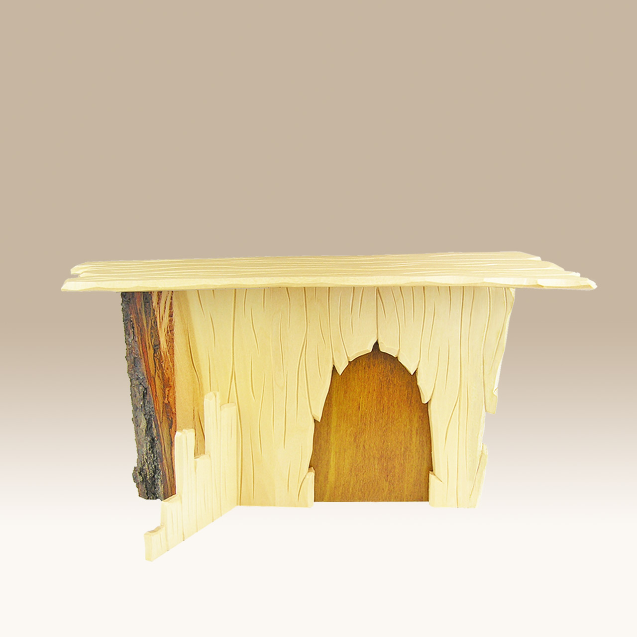 Geschnitzter Krippenstall, Bretterwand, mit Rindenkante