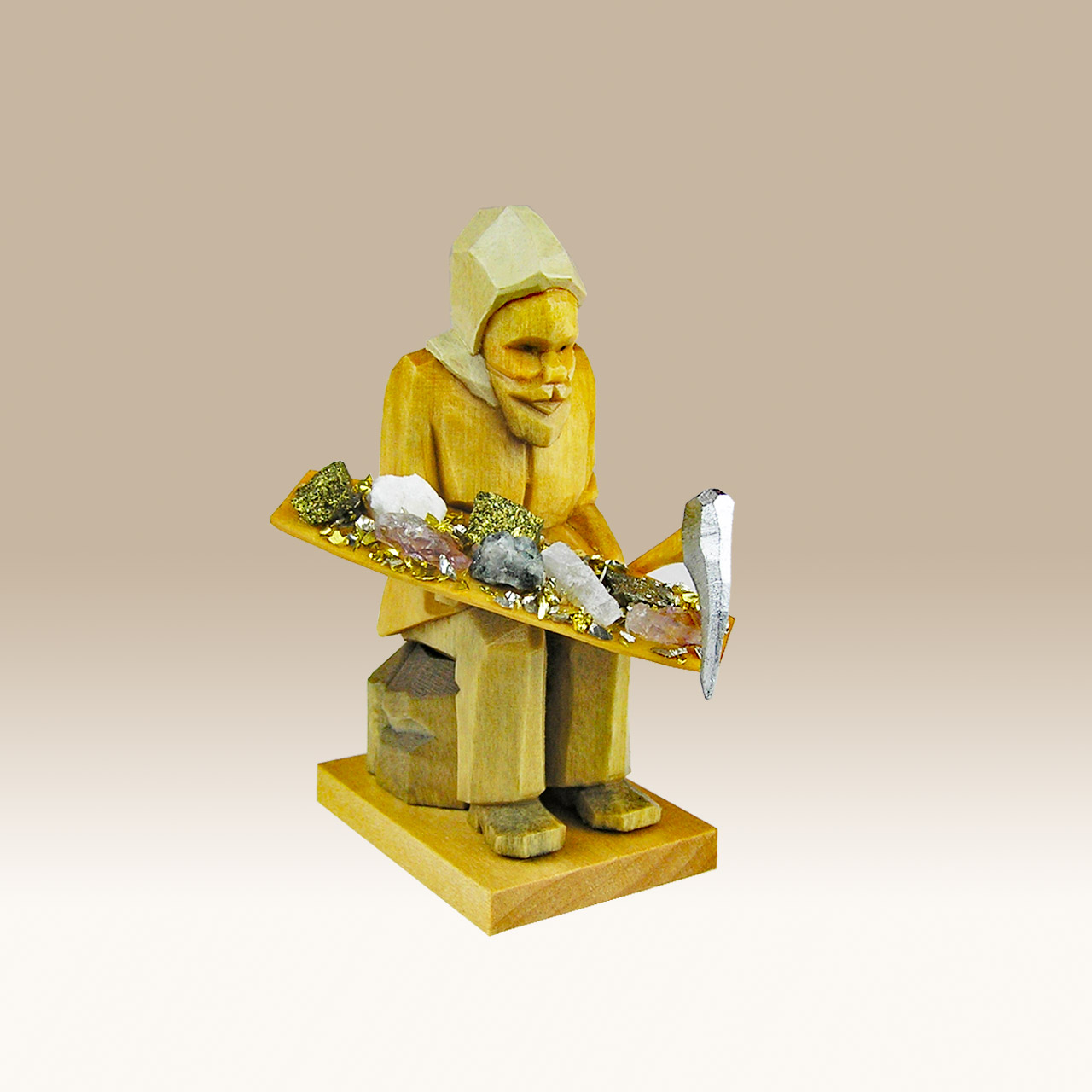 Geschnitzter Bergmann, sitzend m. Erzschale