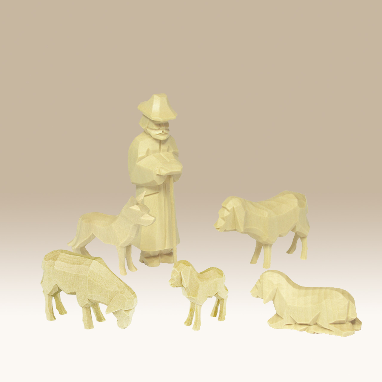 Geschnitzter Schäfer mit Schafen und Hund