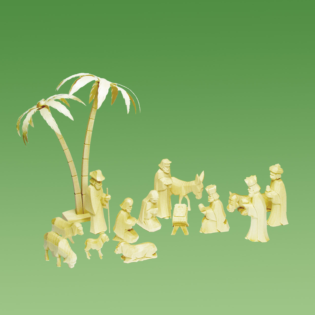 Geschnitzte Krippenfiguren, Set 14 Teile, mit Palme