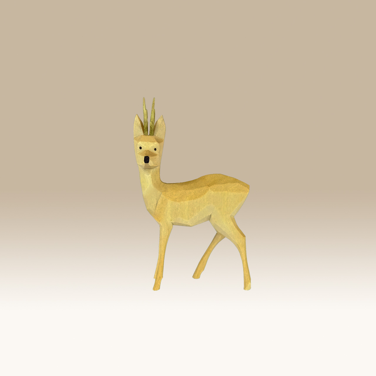 Geschnitzter Rehbock, seitwärts sichernd