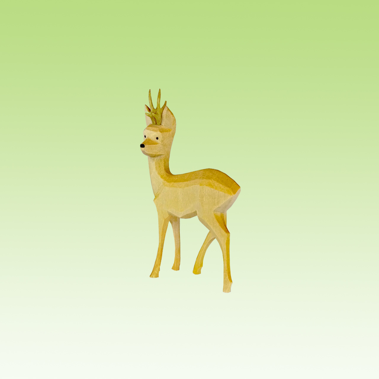 Geschnitzter Rehbock, seitwärts sichernd